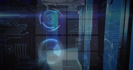 Showing server rack aisle casting HUD overlays in data center, raised vent, glass panels, blue LEDs