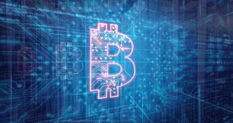 Glowing Bitcoin symbol pulsing in digital network, showing neon outline, circuit-pattern interior