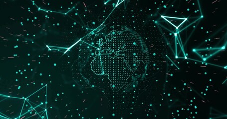 Fototapeta premium Rotating stylized dotted globe orbiting center-left in virtual 3D space, with mesh and nodes