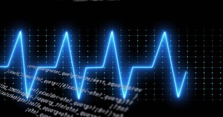 Obraz premium Displaying neon-blue waveform trace glowing across dark dashboard with teal dot grid, code