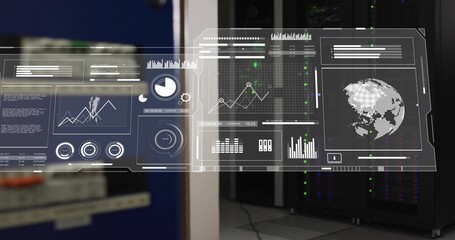 Projecting holographic data dashboard floating over data center, showing charts, gauges, rack LEDs