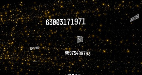 Fototapeta premium Floating large white number string 63003171971 rotating in dark data space, with golden particles