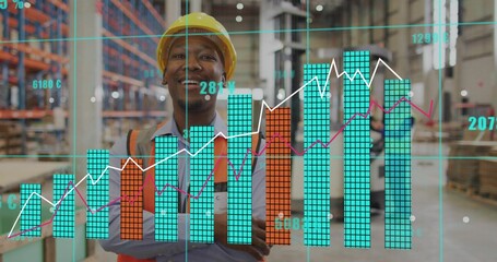 Standing warehouse lead in yellow hardhat and orange vest crossing arms, monitoring AR overlay