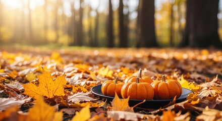 Small Pumpkins on a Plate Resting Amongst Autumn Leaves
