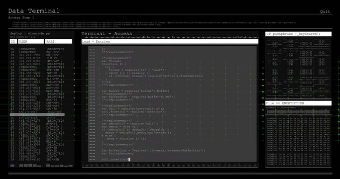Showing Data Terminal UI on screen, with code editor, USER or PASS table, IP or keySearch, hexdump