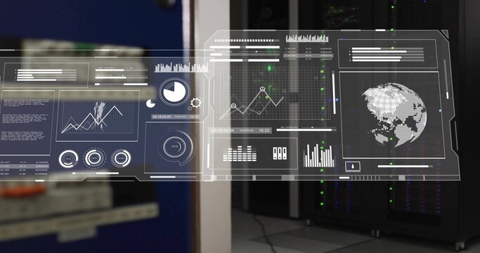 Projecting holographic data dashboard floating over data center, showing charts, gauges, rack LEDs - Powered by Adobe
