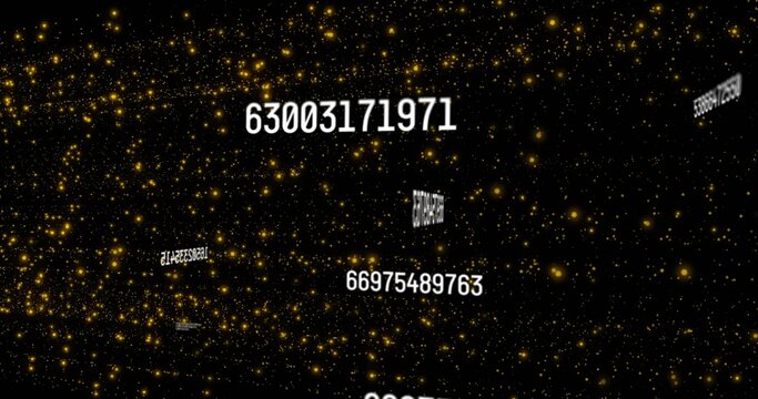 Naklejki Floating large white number string 63003171971 rotating in dark data space, with golden particles