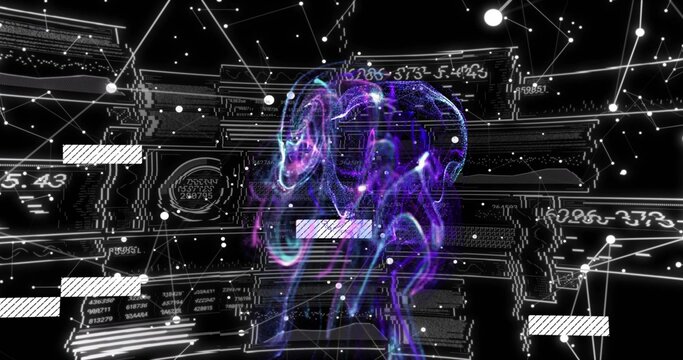 Naklejki Glowing central brain-shaped nebula floating in virtual 3D space, with node network and data panels