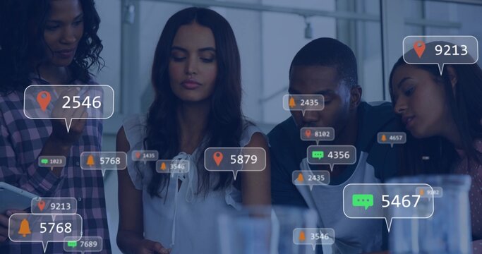 Collaborating team wearing office attire reviewing phones at conference table, showing AR overlays