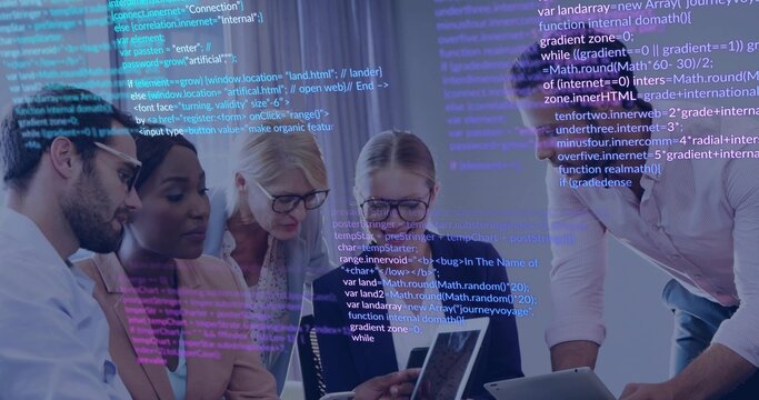 Collaborating five colleagues reviewing tablet and laptop in meeting room in blazers, code overlay