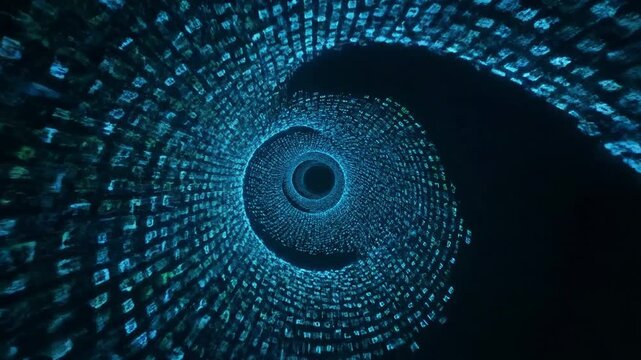 Digital Vortex With Blue And Green Binary Code Flowing Through A Tunnel Effect With A Dark Background