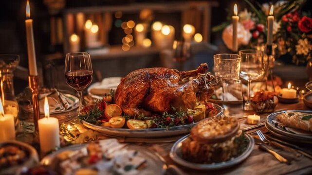 Festive banquet table with a roasted turkey centerpiece flickering candles, wine, and autumn dishes