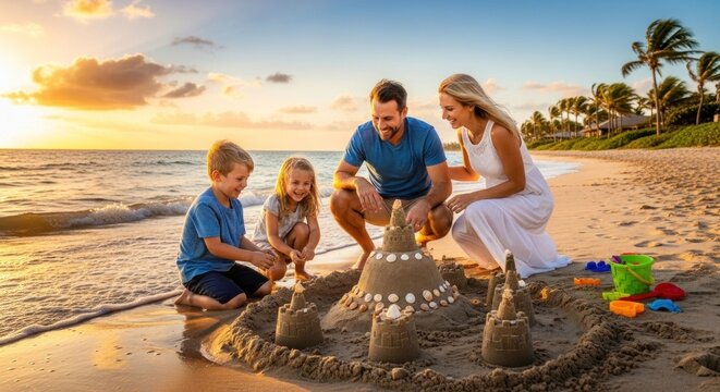 A family building a sandcastle on a beach at sunset.