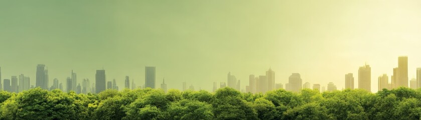 Fototapeta premium Green Economy Transition Concept Illustration, Urban skyline with green foliage in the foreground.