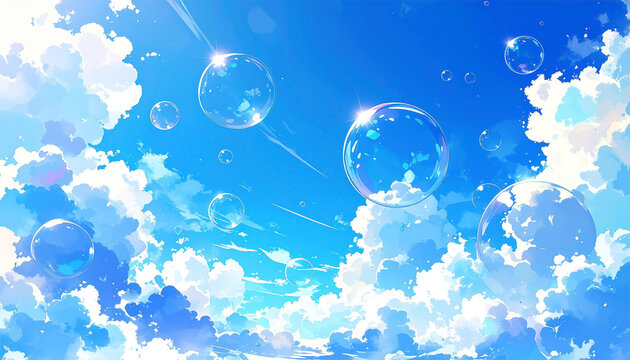 青空に浮かぶシャボン玉の水彩画風イラスト