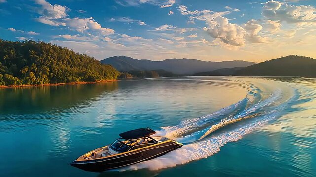 The boat gently rocked on the calm water, reflecting the vibrant colors of the sunset.