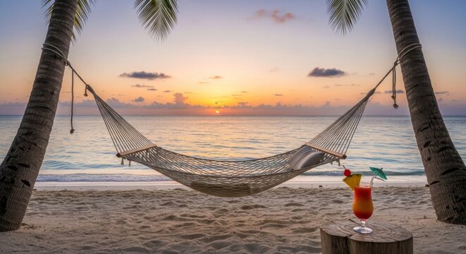 A hammock hanging between two palm trees on a tropical beach at sunset.