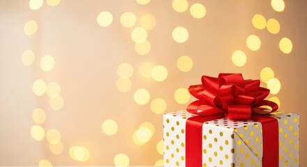 A white gift box with a red ribbon and gold polka dots on a bokeh background.
