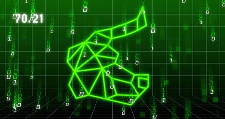 Floating neon green low-poly polygon hovering on virtual grid with falling binary and 70