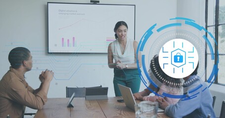 Presenting woman in white top gesturing and explaining charts in meeting room with AR lock overlay