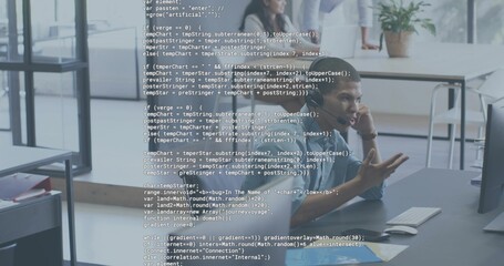 Gesturing man in button-down shirt explaining code on monitor at open office, with code overlay