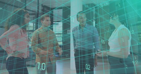 Discussing four colleagues in business casual, standing in foyer with teal grid overlay and device