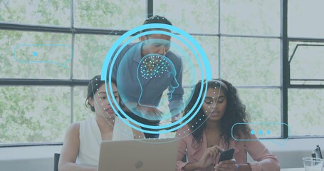 Collaborating trio in business-casual clothing leaning over silver laptop at bright office, AI HUD