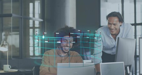 Collaborating three colleagues working on laptop at office, man in light blue shirt with AR grid