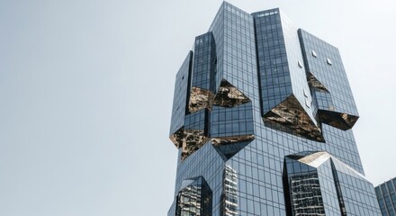 A modern glass skyscraper with a unique, angular design, reflecting the surrounding cityscape.