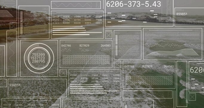 Displaying coastal shore showing rocky cliffs beach surf from drone with HUD panels and gauges - Powered by Adobe