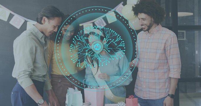 Gathering four coworkers in casual shirts leaning over office table opening gifts with AI overlay