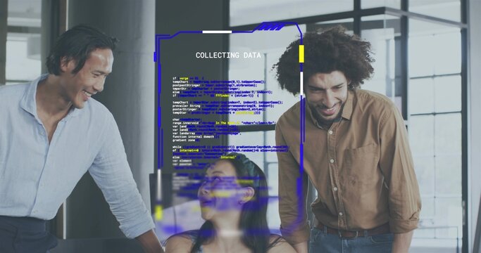 Working colleagues in shirts and tank top leaning at office desk with COLLECTING DATA hologram