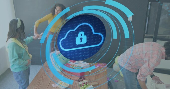 Arranging coworkers decorating long wooden table in office, wearing casual clothes, cloud-lock HUD