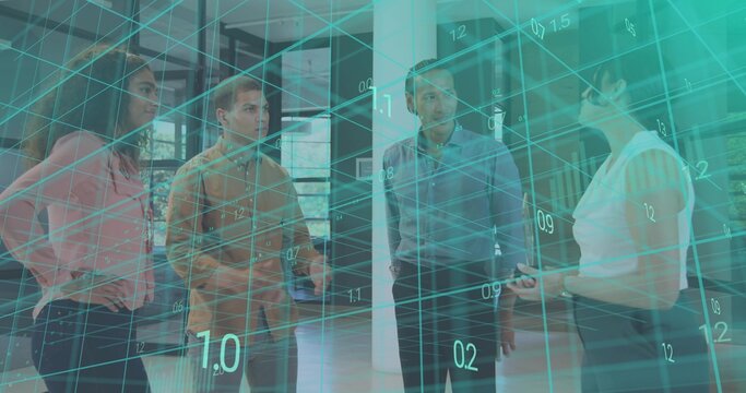 Discussing four colleagues in business casual, standing in foyer with teal grid overlay and device - Powered by Adobe