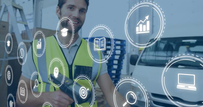 Scanning warehouse worker in high-vis vest holding handheld scanner at shelves with HUD overlay
