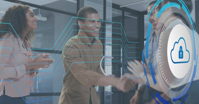 Shaking center man and right man in office by glass wall, wearing shirts with cloud-lock overlay