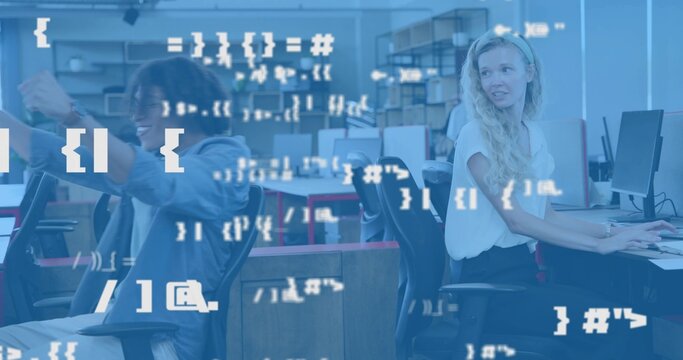 Typing woman in white blouse facing man in gray blazer stretching at lab, monitors, code overlay - Powered by Adobe