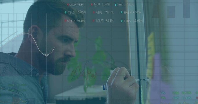 Writing senior male analyst in denim shirt on glass-board with marker at office, charts, copy space - Powered by Adobe