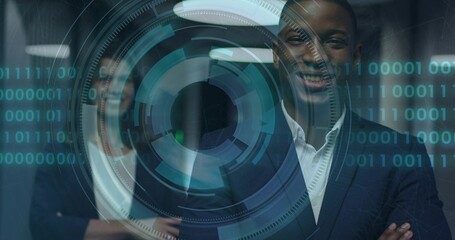 Standing man in suit crossing arms and smiling in modern office corridor, with AR HUD