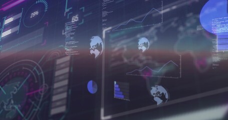 Displaying holographic dashboard showing globe icons, line charts, 29% gauge, code in control room