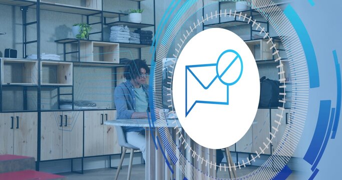 Showing circular HUD overlay over studio desk, with laptop and shelves, woman wearing denim jacket - Powered by Adobe