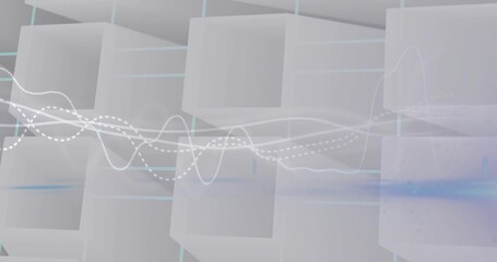 Fototapeta premium Flowing translucent waveforms crossing hollow cube grid in 3D studio, showing dotted white line