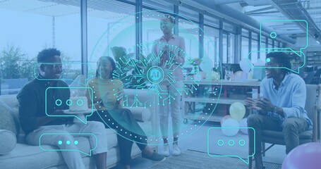 Smiling coworkers holding cake box in office lounge in business attire, pastel balloons, AI overlay