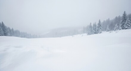Snow-covered landscape with pine trees in the distance, under a cloudy sky.