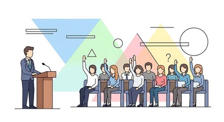 Business Presentation Q&A Session: Speaker at Podium Engages with Audience Raising Hands for Questions, Interactive Seminar or Conference Concept I...