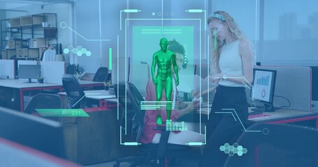 Displaying HUD green hologram in office, woman in sleeveless top holding tablet, man in red hoodie