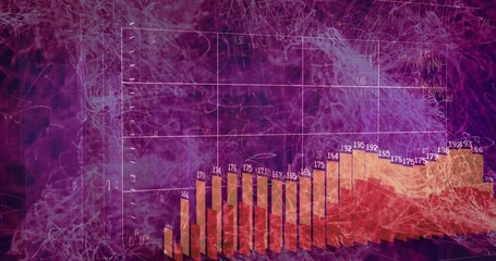 Displaying 3D bar chart cluster rising center-right in digital art, with labels, lines, grid, smoke