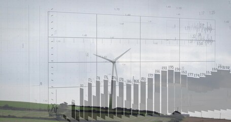 Standing 3-blade wind turbine in rolling fields hedges showing bar chart grid labels two figures