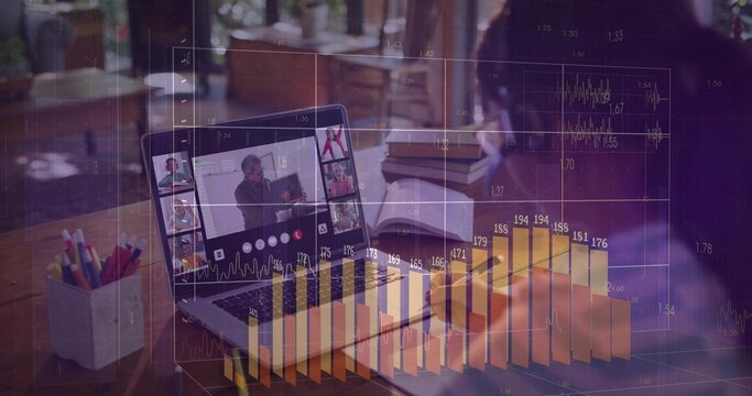 Displaying open laptop with virtual meeting on home desk, overlaying charts, presenter in jacket
