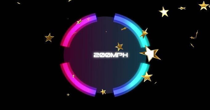 Glowing HUD graphic displaying magenta and cyan arcs on black backdrop, 200MPH and gold stars